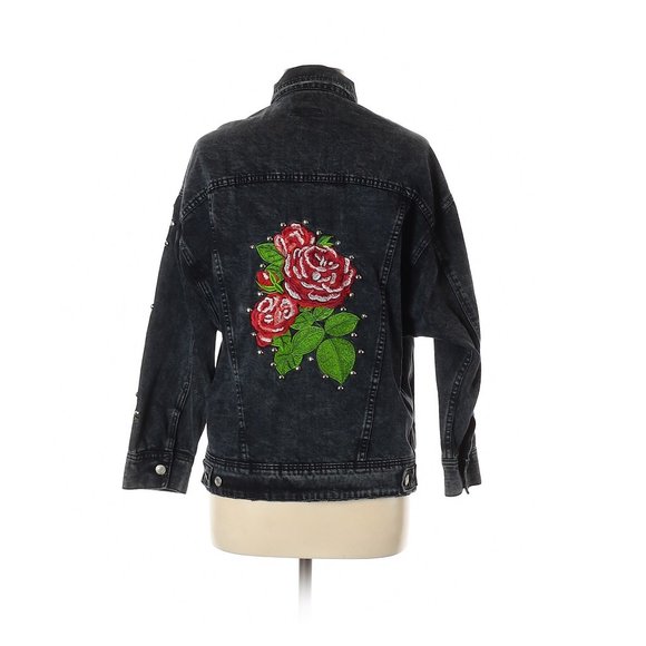 Floral Embroidered Studded Jean Jacket - Picture 2 of 6
